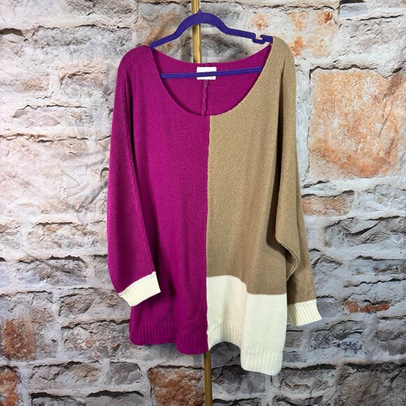 Andree By Unit - Color Block Round Neck Sweater - Magenta, Tan, Cream - 1X - - Picture 1 of 7